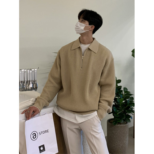 韓版高級感慵懶拉鍊毛衣男休閒潮流寬松翻領針織衫秋冬季長袖上衣 韓版高級感慵懶拉鍊毛衣男休閒潮流寬松翻領針織衫秋冬季長袖上衣