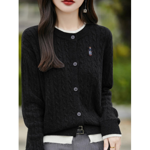 2024秋冬洋氣假兩件針織開衫學院風刺綉毛衣開衫外套打底洋氣上衣