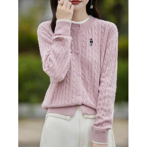 2024秋冬洋氣假兩件針織開衫學院風刺綉毛衣開衫外套打底洋氣上衣