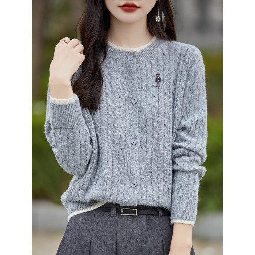 2024秋冬洋氣假兩件針織開衫學院風刺綉毛衣開衫外套打底洋氣上衣