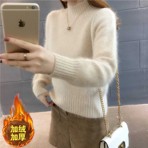 2024秋冬新款仿水貂毛衣女短款套頭顯瘦針織衫加絨加厚打底衫上衣