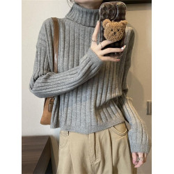 半高領內搭打底毛衣女秋冬新款坑條設計感寬松加厚短款針織衫上衣