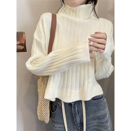 半高領內搭打底毛衣女秋冬新款坑條設計感寬鬆加厚短款針織衫上衣