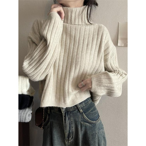 半高領內搭打底毛衣女秋冬新款坑條設計感寬鬆加厚短款針織衫上衣