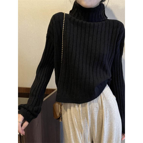 半高領內搭打底毛衣女秋冬新款坑條設計感寬鬆加厚短款針織衫上衣