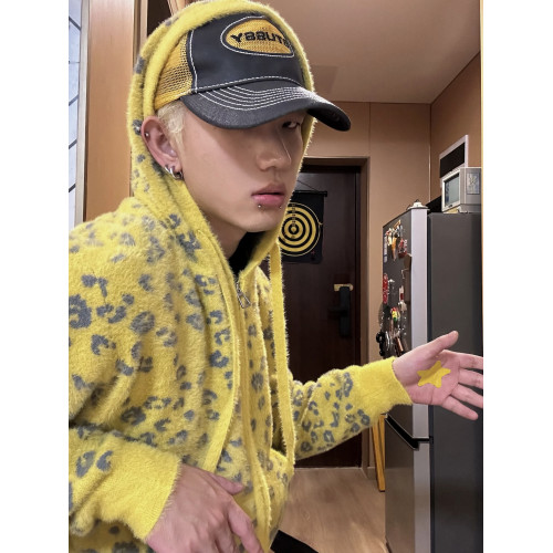 美式街頭豹紋提花波點拉鍊連帽開衫毛衣秋冬超柔絨感小衆短款外套