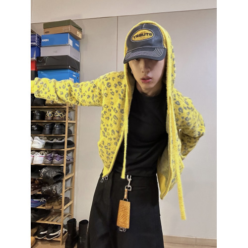 美式街頭豹紋提花波點拉鍊連帽開衫毛衣秋冬超柔絨感小衆短款外套