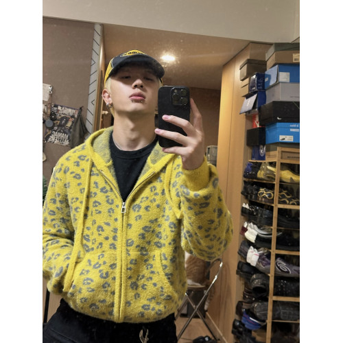 美式街頭豹紋提花波點拉鍊連帽開衫毛衣秋冬超柔絨感小衆短款外套