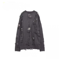 歐美高街假兩件oversize破洞毛衣男女秋冬季慵懶風鏤空設計針織衫