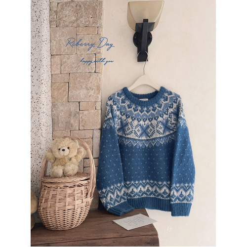 復古大粗針 摩天輪 費爾島雪花 靛藍色 插肩袖 寬鬆毛衣 K