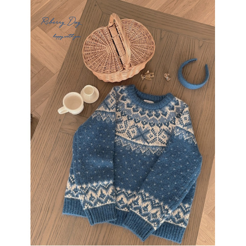 復古大粗針 摩天輪 費爾島雪花 靛藍色 插肩袖 寬鬆毛衣 K