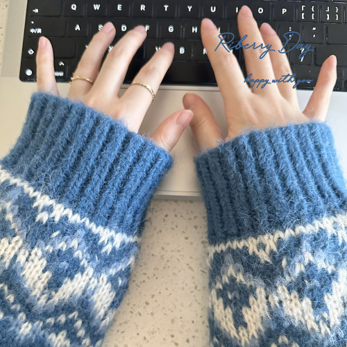 復古大粗針 摩天輪 費爾島雪花 靛藍色 插肩袖 寬鬆毛衣 K