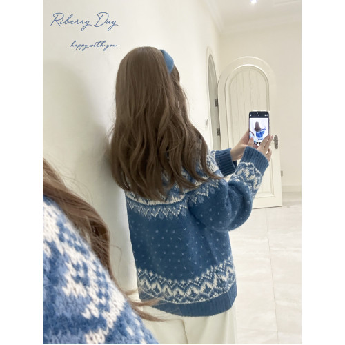 復古大粗針 摩天輪 費爾島雪花 靛藍色 插肩袖 寬鬆毛衣 K