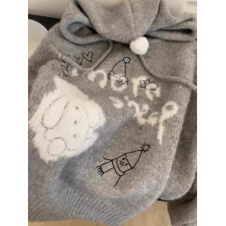 慵懶風灰色卡通連帽毛衣女外套秋冬新款韓版寬松加厚針織內搭衛衣