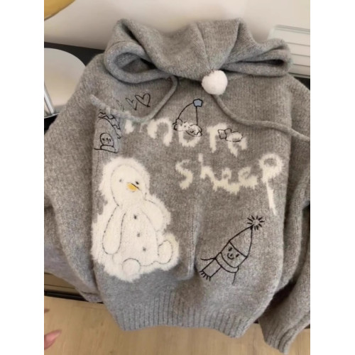 慵懶風灰色卡通連帽毛衣女外套秋冬新款韓版寬松加厚針織內搭衛衣 慵懶風灰色卡通連帽毛衣女外套秋冬新款韓版寬松加厚針織內搭衛衣