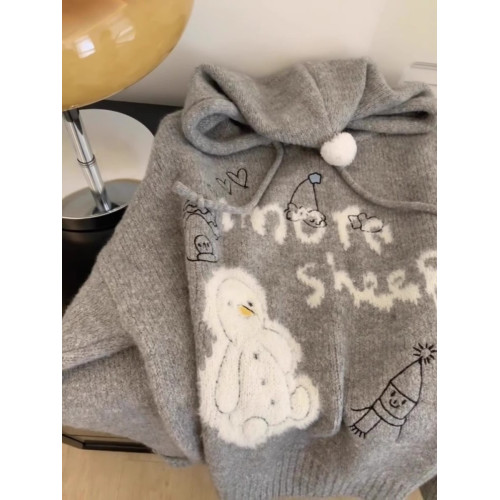 慵懶風灰色卡通連帽毛衣女外套秋冬新款韓版寬松加厚針織內搭衛衣 慵懶風灰色卡通連帽毛衣女外套秋冬新款韓版寬松加厚針織內搭衛衣