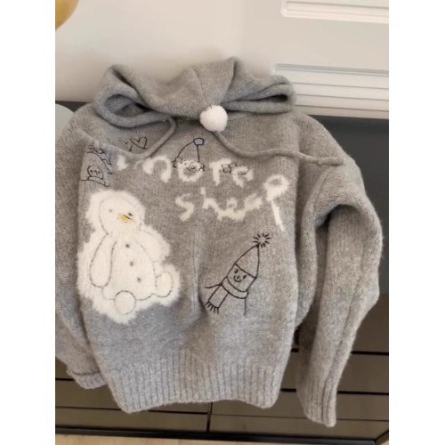 慵懶風灰色卡通連帽毛衣女外套秋冬新款韓版寬松加厚針織內搭衛衣 慵懶風灰色卡通連帽毛衣女外套秋冬新款韓版寬松加厚針織內搭衛衣