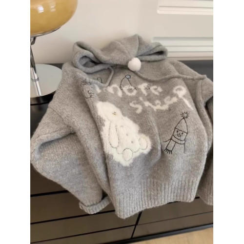 慵懶風灰色卡通連帽毛衣女外套秋冬新款韓版寬松加厚針織內搭衛衣 慵懶風灰色卡通連帽毛衣女外套秋冬新款韓版寬松加厚針織內搭衛衣