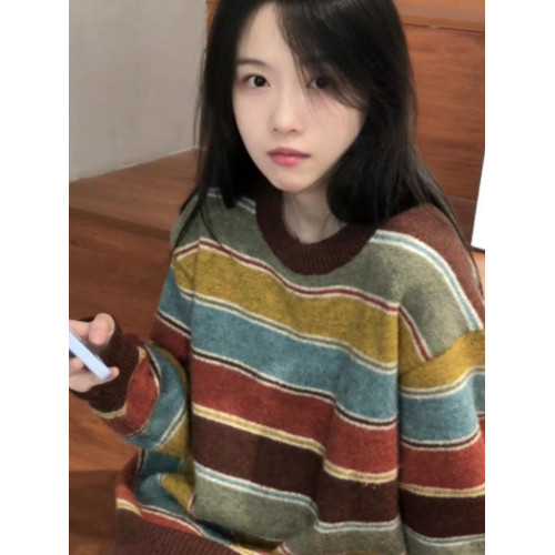 撞色復古彩條針織衫套頭毛衣女秋冬新款慵懶深秋外穿鹽系加厚上衣