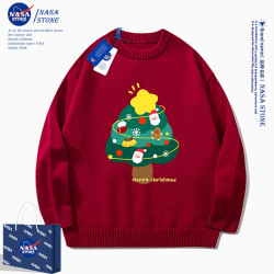 NASA聯名聖誕酒紅色毛衣男女生2025秋冬新款加絨小衆設計感針織衫