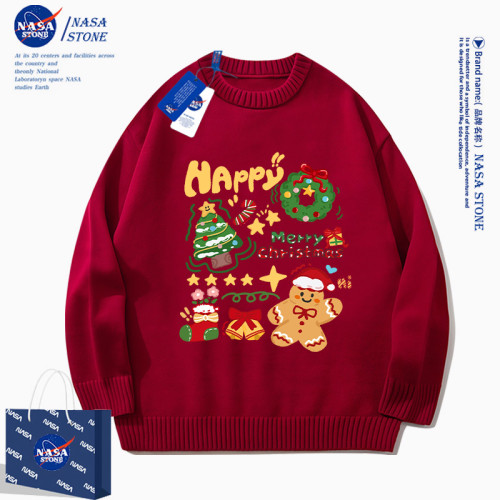 NASA聯名聖誕酒紅色毛衣男女生2025秋冬新款加絨小衆設計感針織衫