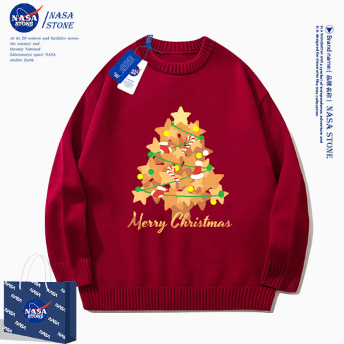 NASA聯名聖誕酒紅色毛衣男女生2025秋冬新款加絨小衆設計感針織衫