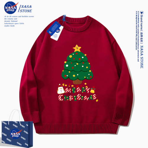 NASA聯名聖誕酒紅色毛衣男女生2025秋冬新款加絨小衆設計感針織衫
