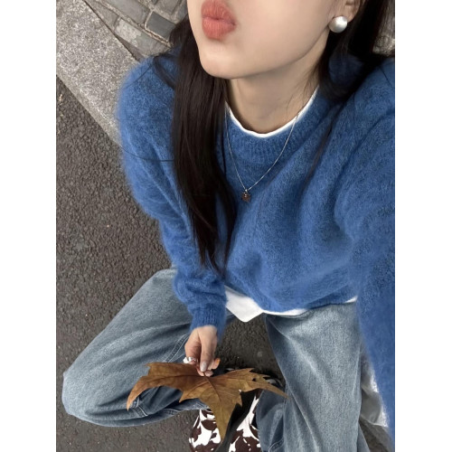 超顯白寶藍！小衆甜美套頭毛衣女冬季加厚氣質圓領復古針織衫外穿