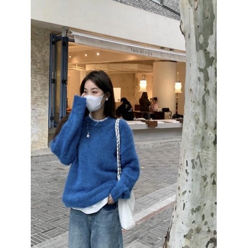 超顯白寶藍！小衆甜美套頭毛衣女冬季加厚氣質圓領復古針織衫外穿