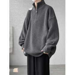 灰色半拉鍊毛衣男款冬季寬松慵懶痞帥半高立領內搭針織衫外套男厚