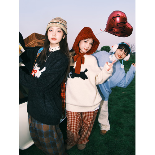 lemanism馬海毛卡通圓領毛衣男2025秋冬情侶款仿貂毛針織線衣外套 lemanism馬海毛卡通圓領毛衣男2025秋冬情侶款仿貂毛針織線衣外套