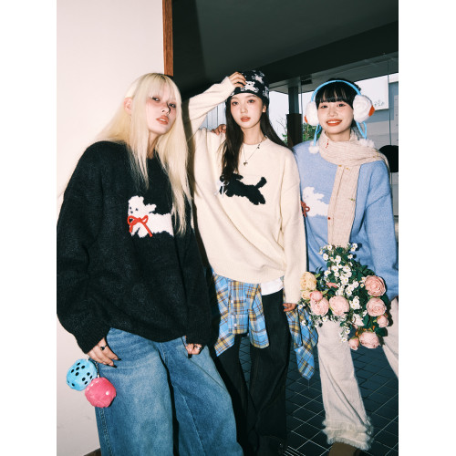 lemanism馬海毛卡通圓領毛衣男2025秋冬情侶款仿貂毛針織線衣外套 lemanism馬海毛卡通圓領毛衣男2025秋冬情侶款仿貂毛針織線衣外套