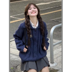 日系學院風寬松藍色麻花毛衣女春秋季2024新款韓系慵懶風針織上衣