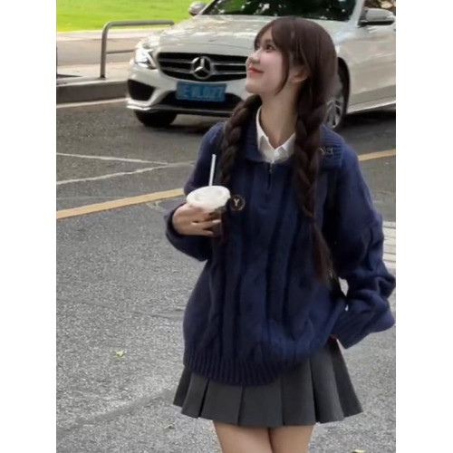 日系學院風寬松藍色麻花毛衣女春秋季2024新款韓系慵懶風針織上衣