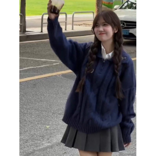 日系學院風寬松藍色麻花毛衣女春秋季2024新款韓系慵懶風針織上衣