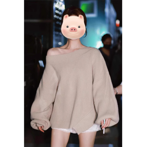 露絲許妍同款衣服一字肩斜肩毛衣女秋冬季慵懶寬松露肩針織衫上衣 露絲許妍同款衣服一字肩斜肩毛衣女秋冬季慵懶寬松露肩針織衫上衣