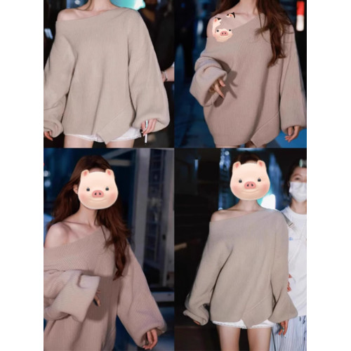 露絲許妍同款衣服一字肩斜肩毛衣女秋冬季慵懶寬松露肩針織衫上衣 露絲許妍同款衣服一字肩斜肩毛衣女秋冬季慵懶寬松露肩針織衫上衣