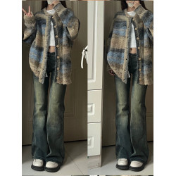 大碼美式復古彩色條紋毛衣外套女秋冬季高級感寬松針織開衫上衣潮