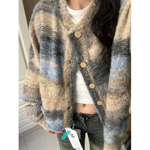 大碼美式復古彩色條紋毛衣外套女秋冬季高級感寬松針織開衫上衣潮 大碼美式復古彩色條紋毛衣外套女秋冬季高級感寬松針織開衫上衣潮