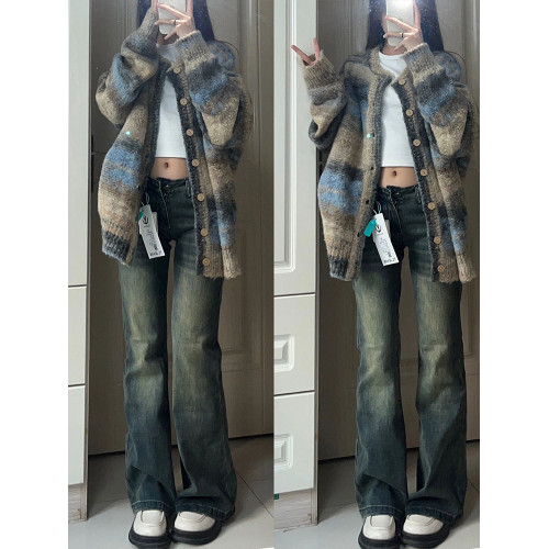 大碼美式復古彩色條紋毛衣外套女秋冬季高級感寬松針織開衫上衣潮 大碼美式復古彩色條紋毛衣外套女秋冬季高級感寬松針織開衫上衣潮