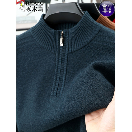 啄木鳥高級針織衫男半高拉鍊領中年冬季加厚套頭打底衫爸爸毛衣男