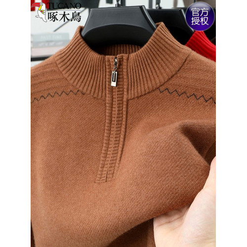 啄木鳥高級針織衫男半高拉鍊領中年冬季加厚套頭打底衫爸爸毛衣男
