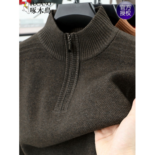 啄木鳥高級針織衫男半高拉鍊領中年冬季加厚套頭打底衫爸爸毛衣男