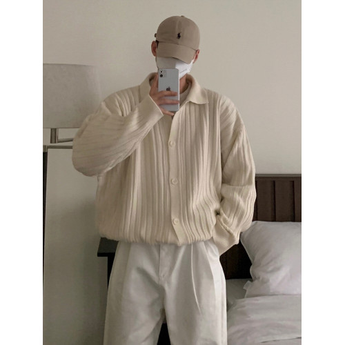 MRCYC條紋繙領開衫毛衣男士秋款韓系寬鬆設計感百搭針織衫上衣