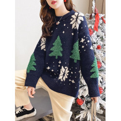 春季女裝韓版批新款髮慵懶學生外穿圓領套頭針織寬鬆雪花聖誕毛衣