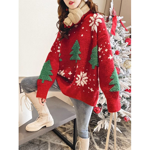 春季女裝韓版批新款髮慵懶學生外穿圓領套頭針織寬鬆雪花聖誕毛衣