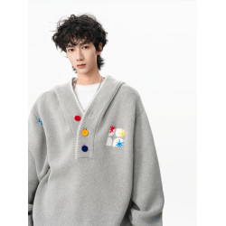 美式彩色紐釦連帽毛衣男冬季重磅刺綉針織衫外套高街百搭情侶上衣