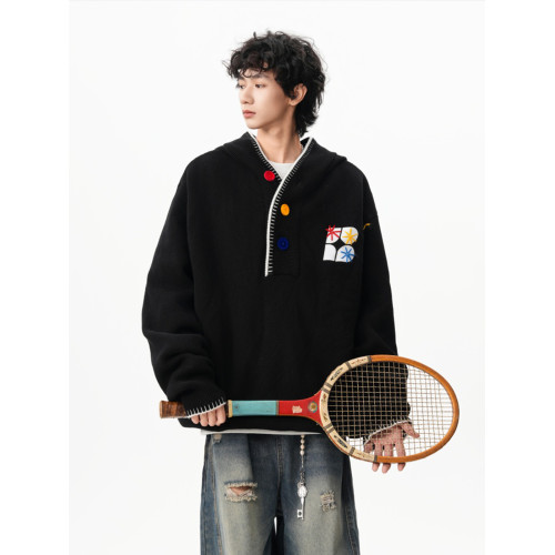 美式彩色紐釦連帽毛衣男冬季重磅刺綉針織衫外套高街百搭情侶上衣