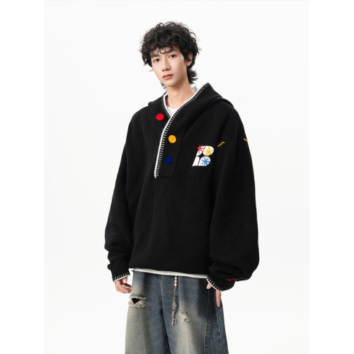 美式彩色紐釦連帽毛衣男冬季重磅刺綉針織衫外套高街百搭情侶上衣