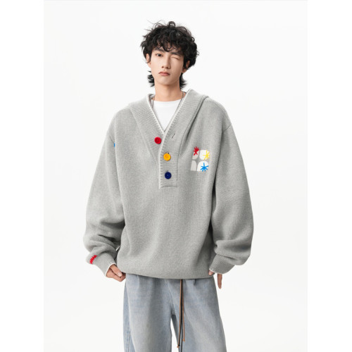 美式彩色紐釦連帽毛衣男冬季重磅刺綉針織衫外套高街百搭情侶上衣